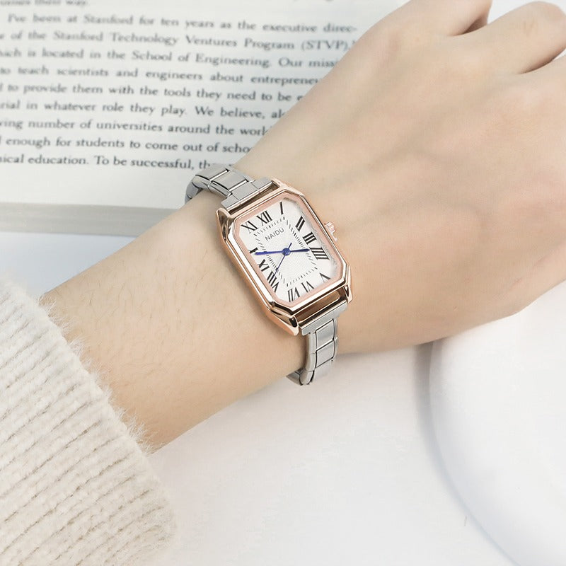 Rose Gold & Silver Rectangle Watch with Roman Numbers