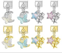 Iridescent Butterfly, Moon & Shimmering Star Trio Dangle Italian Charms — Aurora Celestial Dangle Links