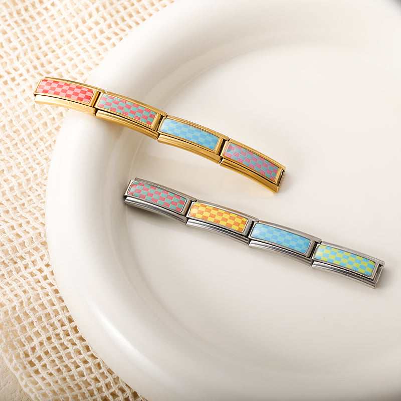 Colorful Checkered Double Italian Charm silver&gold