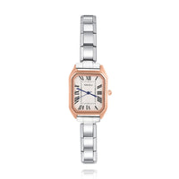 Rose Gold & Silver Rectangle Watch with Roman Numerals — Two-Tone Italian Charm Watch Bracelet