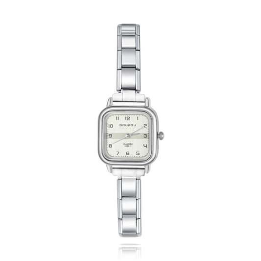 Silver Square Watch with Numbers and Pastel Face