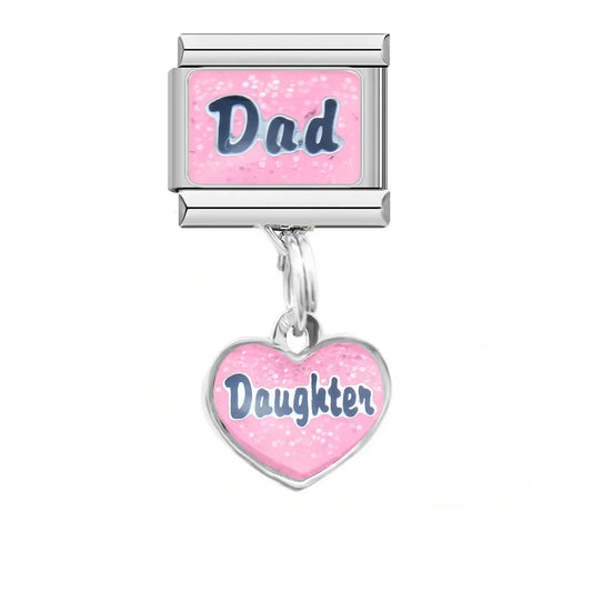 The Enamel Family Title & Heart Dangle Charm in Silver & Gold
