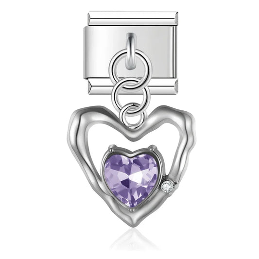 The Textured Heart & Crystal Dangle Charm in Silver