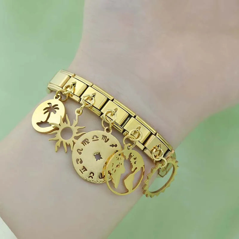 World Map Heart Tree Sun Pineapple charms silver&gold