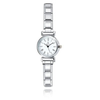 Small Round Silver Watch with Roman Numeral Dial — Dainty Italian Charm Watch Bracelet