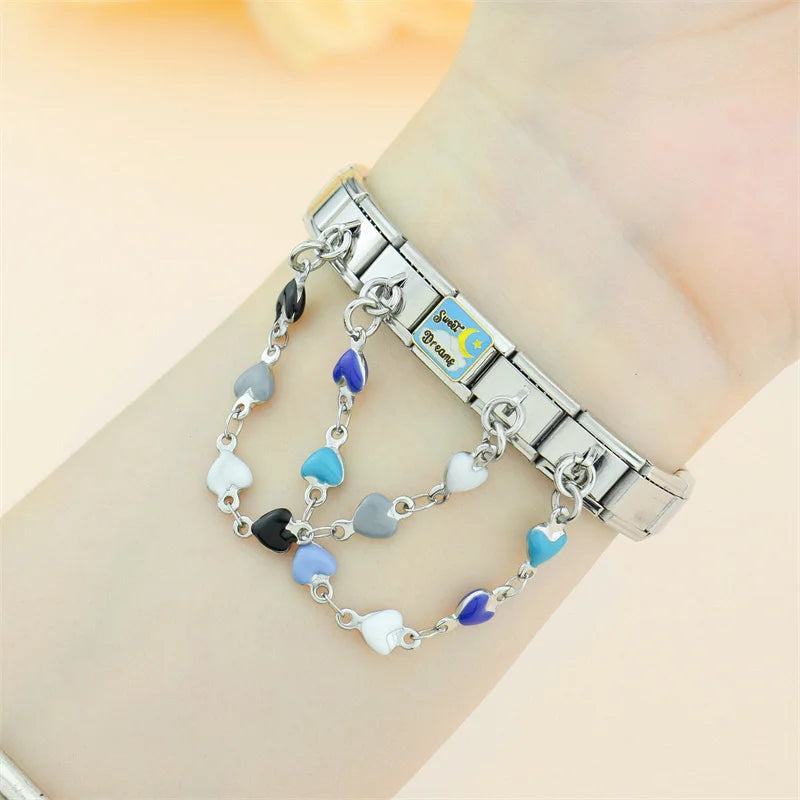 The Multicolored Enamel Heart Safety Chain Dangle Charm in Silver & Gold