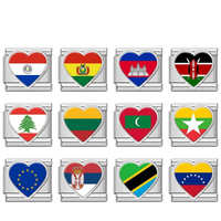 Silver Heart National Flag Italian Charms — World Country Heart Flag 9mm Bracelet Links
