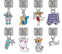 Rabbit, Bus, Dog, Mermaid, Girl & Shark Dangle Italian Charms — Fun Character Dangle Links