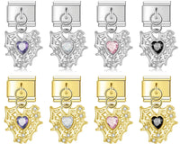 Crystal Heart & Spider Web Dangle Italian Charms — Silver & Gold CZ Heart & Web Dangle Links