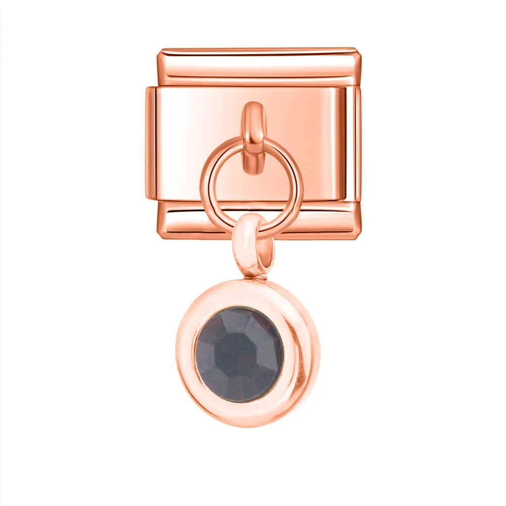 Rose gold round dangle with grey crystal — Italian charm bracelet, by Charmtastic