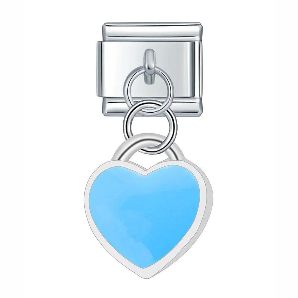 Blue enamel heart dangle silver Italian charm, by Charmtastic