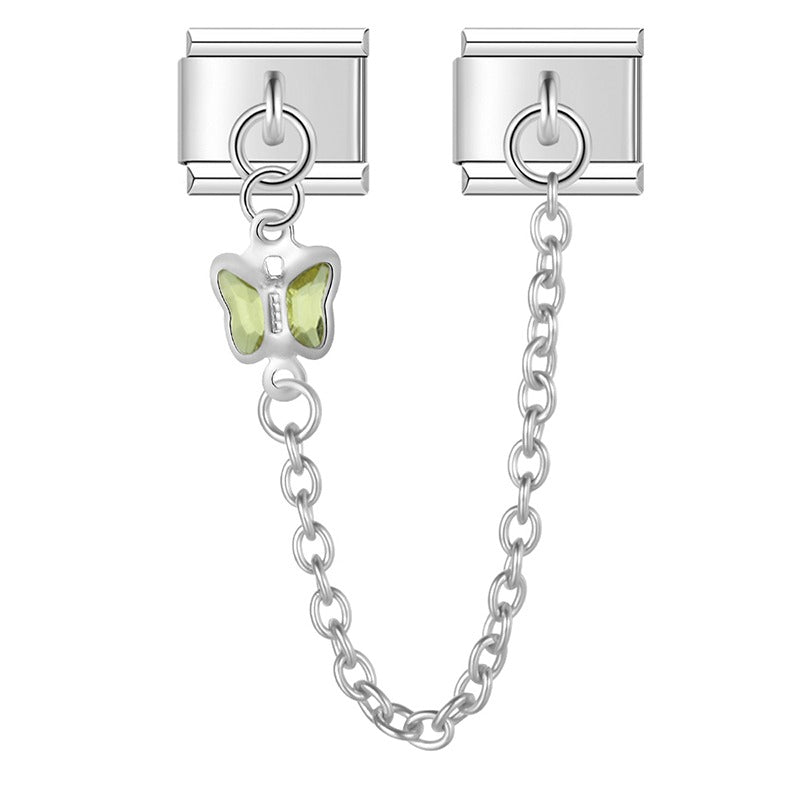Silver safety chain with yellow crystal butterfly — Italian charm bracelet, by Charmtastic