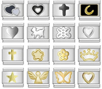 Silver & Gold Classic Symbol Italian Charms — Heart, Cross, Butterfly, Angel & Crown