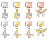 Tortoise & Butterfly Crystal Dangle Italian Charms — CZ Pavé Drop Pendant Links