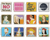 Sassy Quote & Fine Art Italian Charms — Drama Queen, No Refunds, Don't Panic & Classic Portraits
