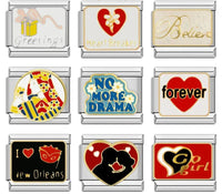 Greetings, Heart Breaker, Believe, No More Drama, Forever & Go Girl Italian Charms