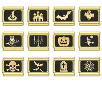 Gold & Black Spooky Halloween Italian Charms — Witch, Pumpkin, Ghost, Skull & Spider Web Links