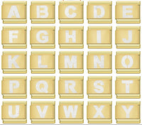Golden Glitter Letter Initial Italian Charms A–Y — White Glitter Alphabet Gold Border Links