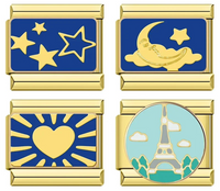 Gold Star, Moon, Radiant Heart & Eiffel Tower Italian Charms — Navy Blue Enamel Bracelet Links
