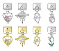Pearl Heart & Flower Dangle Italian Charms — Mother of Pearl Pendant Bracelet Links