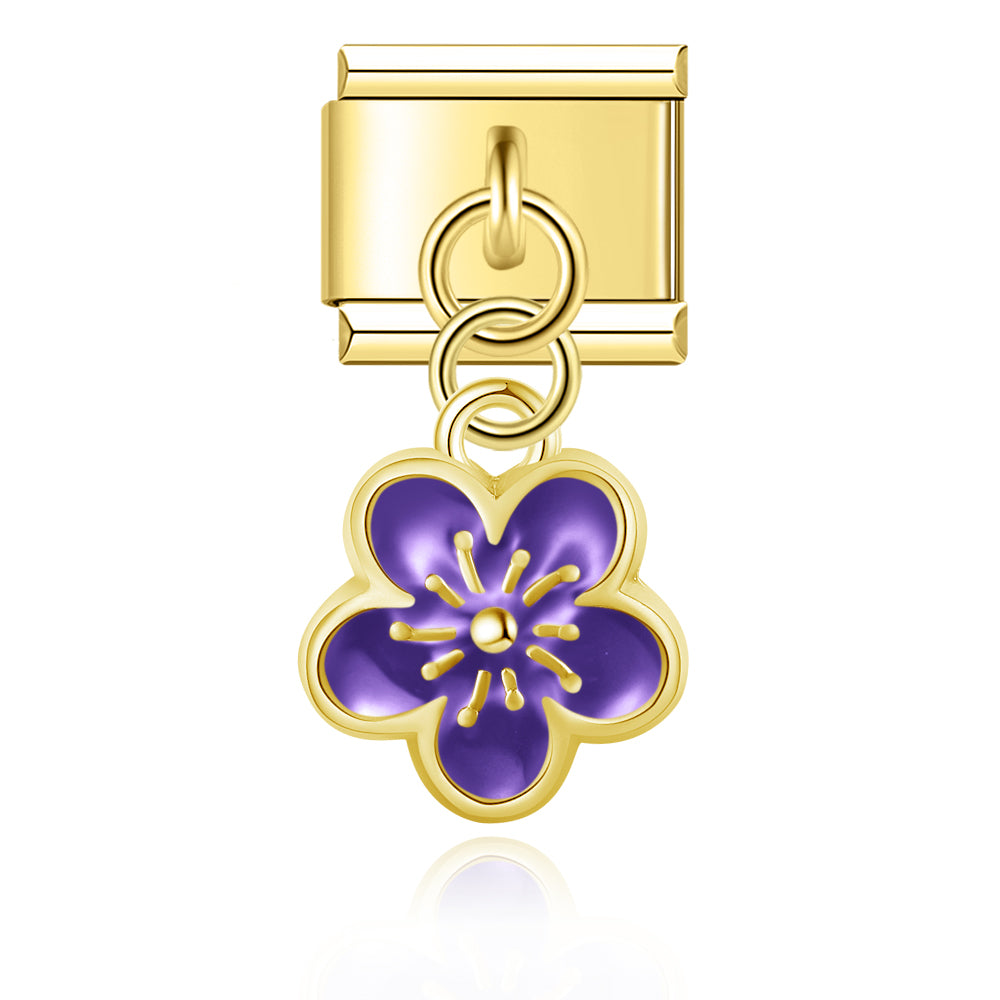 Purple flower dangle gold Italian charm, by Charmtastic