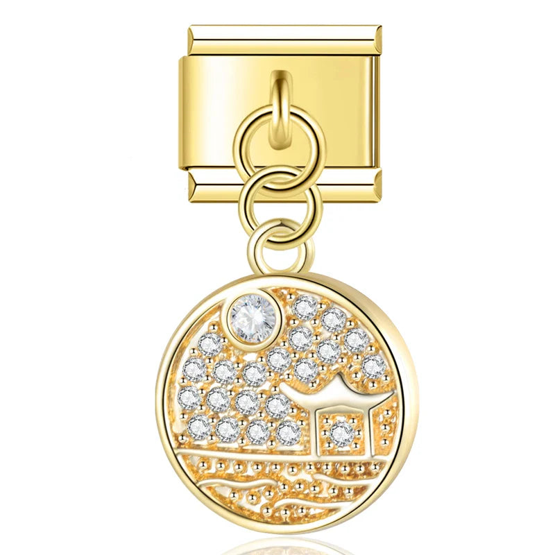 Gold round pave disc CZ dangle Italian charm, by Charmtastic