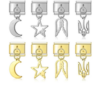 Silver & Gold Dangle Italian Charms — Moon, Star, Angel Wings & Trident Drop Pendant Links