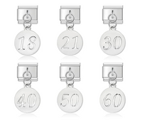 Elegant Silver Milestone Number Dangle Italian Charms — 18, 21, 30, 40, 50 & 60 Birthday Dangle Links