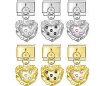 Crystal-Set Textured Heart Dangle Charms in Silver & Gold