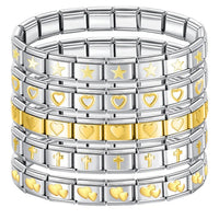 Italian Charm Bracelets — Silver with Gold Star, Heart, Butterfly & Cross Repeating Motif Designs