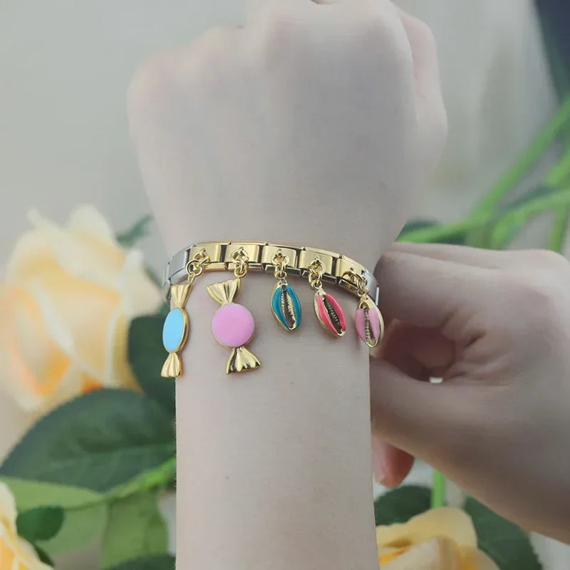Sun, candy and shell dangle Italian charm close-up — 9mm bracelet, by Charmtastic