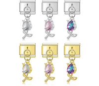 Tulip & Flower Gemstone Dangle Italian Charms — Silver & Gold CZ Tulip Dangle Links