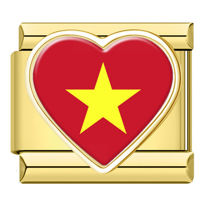 Golden Heart National Flag Italian Charms — Gold Heart Country Flag 9mm Bracelet Links
