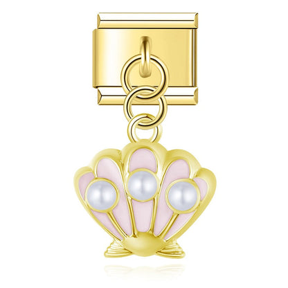Pearl Scallop Shell Dangle Italian Charms — Silver & Gold Enamel Shell Dangle Links