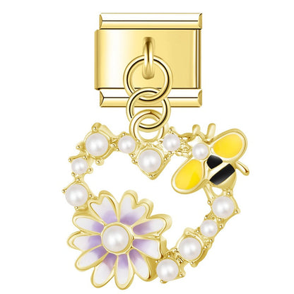 Pearl Floral Wreath & Bumblebee Heart Dangle Italian Charms in Gold — Pearl Daisy & Bee Heart Dangle Links