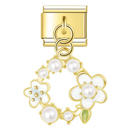 Pearl Floral Wreath & Bumblebee Heart Dangle Italian Charms in Gold — Pearl Daisy & Bee Heart Dangle Links