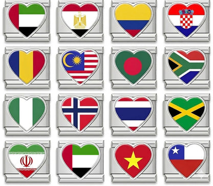 Global Love Heart Italian Charms — World Country Heart Flag 9mm Bracelet Links