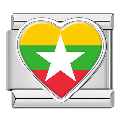 Silver Heart National Flag Italian Charms — World Country Heart Flag 9mm Bracelet Links