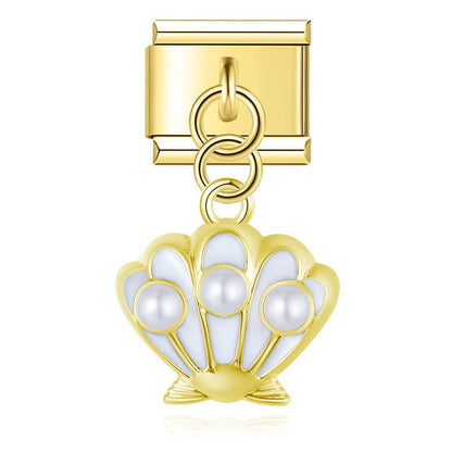 Pearl Scallop Shell Dangle Italian Charms — Silver & Gold Enamel Shell Dangle Links