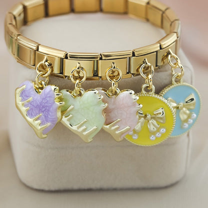 Heart & Pearl Bow Dangle Italian Charms in Gold — Textured Enamel Heart & Pearl Medallion Dangle Links