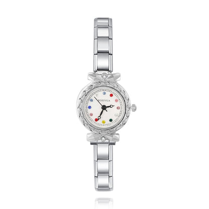 Ornate Bow & Rainbow Crystal Round Watch — Whimsical Italian Charm Watch Bracelet