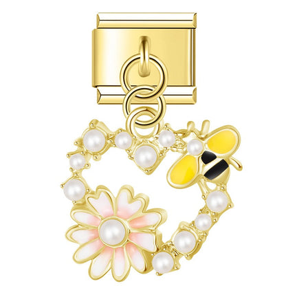 Pearl Floral Wreath & Bumblebee Heart Dangle Italian Charms in Gold — Pearl Daisy & Bee Heart Dangle Links