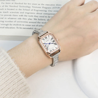 Rose Gold & Silver Rectangle Watch with Roman Numerals — Two-Tone Italian Charm Watch Bracelet