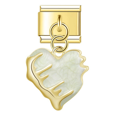 Heart & Pearl Bow Dangle Italian Charms in Gold — Textured Enamel Heart & Pearl Medallion Dangle Links