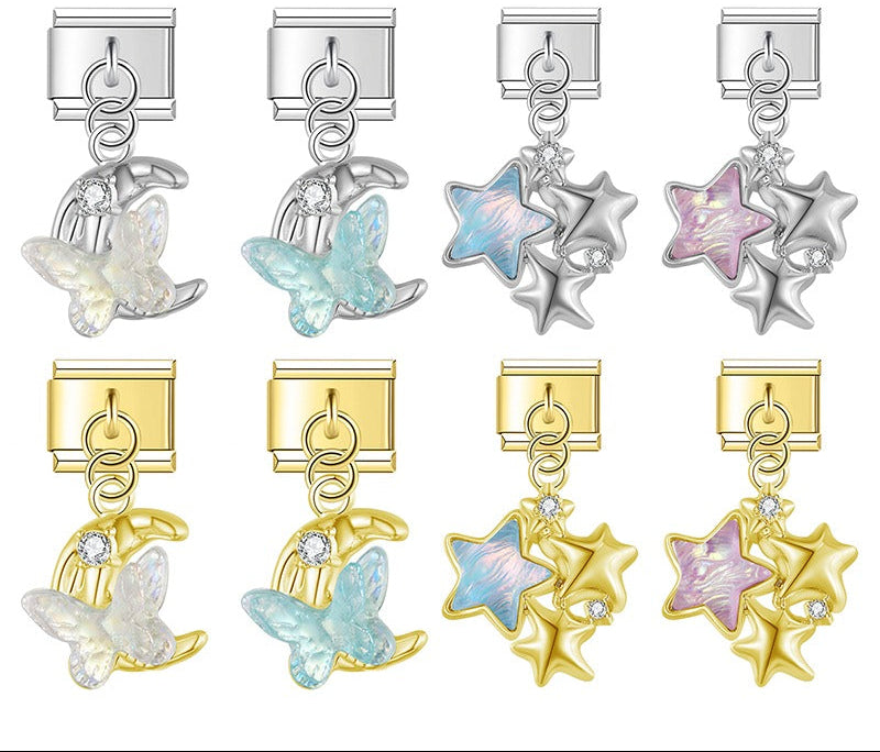 Iridescent Butterfly Moon & Shimmering Star Trio Dangle Charm
