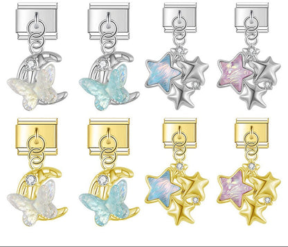 Iridescent Butterfly, Moon & Shimmering Star Trio Dangle Italian Charms — Aurora Celestial Dangle Links