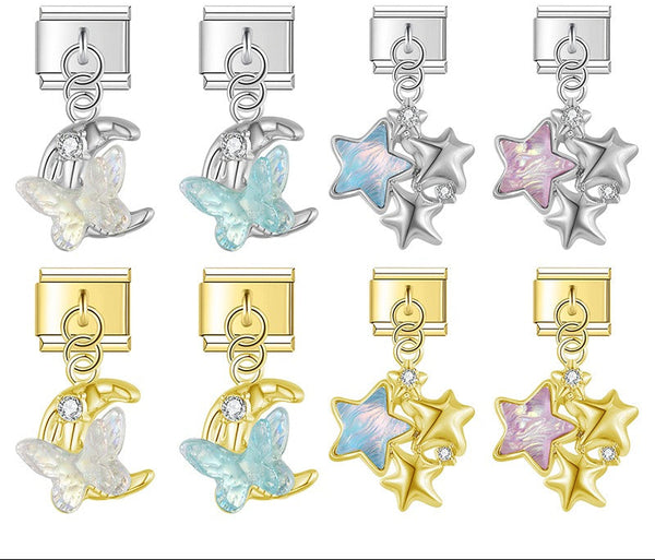 Iridescent Butterfly, Moon & Shimmering Star Trio Dangle Italian Charms — Aurora Celestial Dangle Links