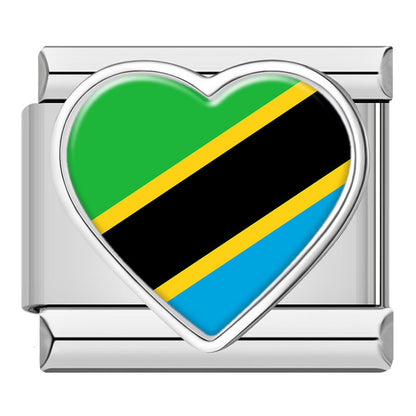 Silver Heart National Flag Italian Charms — World Country Heart Flag 9mm Bracelet Links