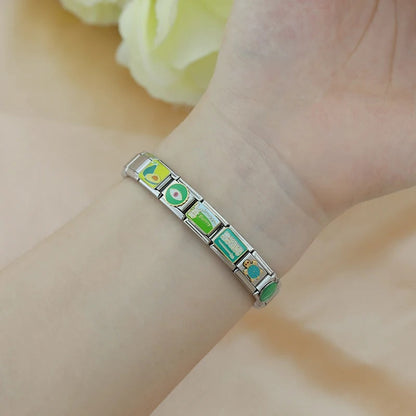 Green Italian Charms — Eye, Star, Heart & Nature Enamel Bracelet Links