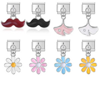 The Mustache, Leaf & Daisy Flower Dangle Charm in Silver